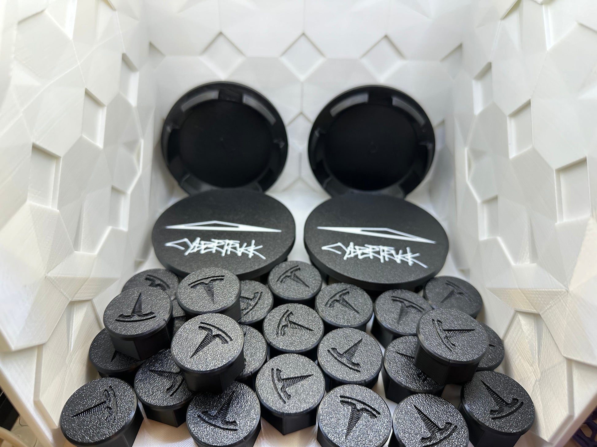 CyberTruck wheel center caps Left & Right side. Logo facing forward on both sides. Lug Nut Caps Optional Foundation Series