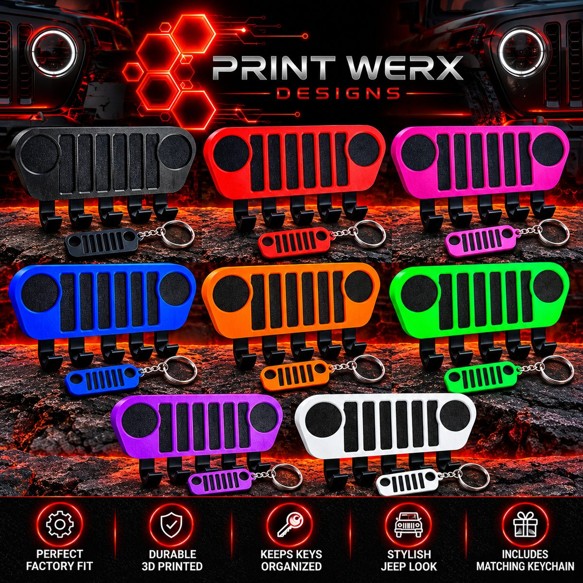 The Key Wrangler - Key Hanger Wall Mount for Jeep | 7 Slot Grille Key Rack & Matching Keychain | Wrangler Gift for Jeep Lovers