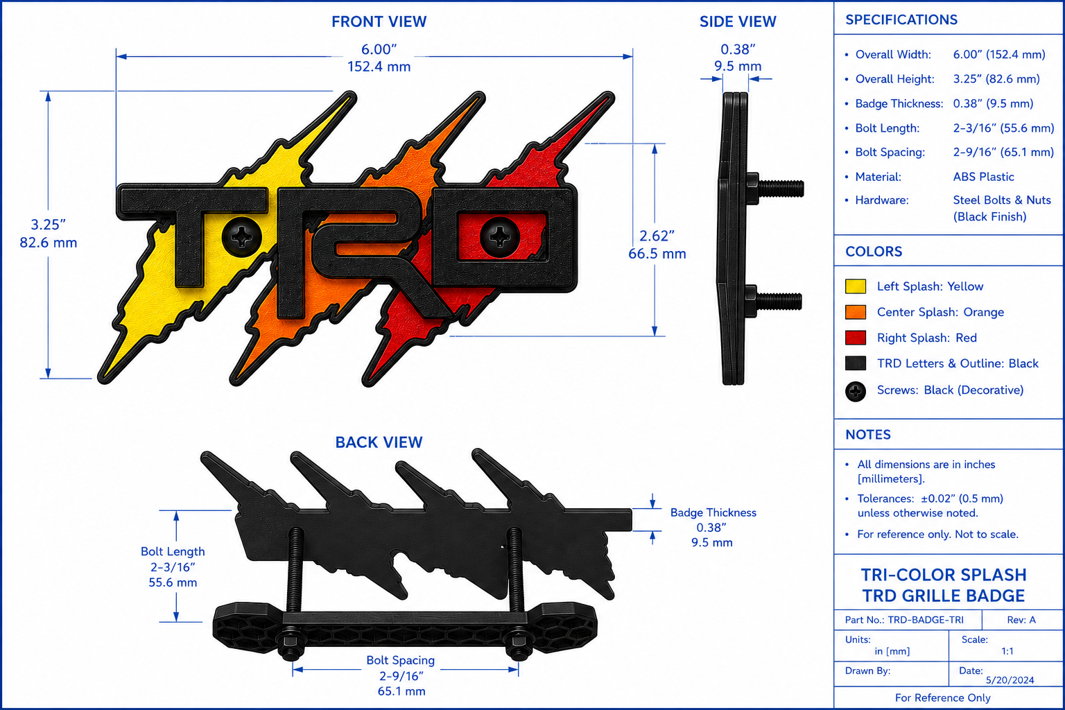 Tri Color Splash Grille Badge for Tacoma, Tundra, 4Runner, FJ Cruiser