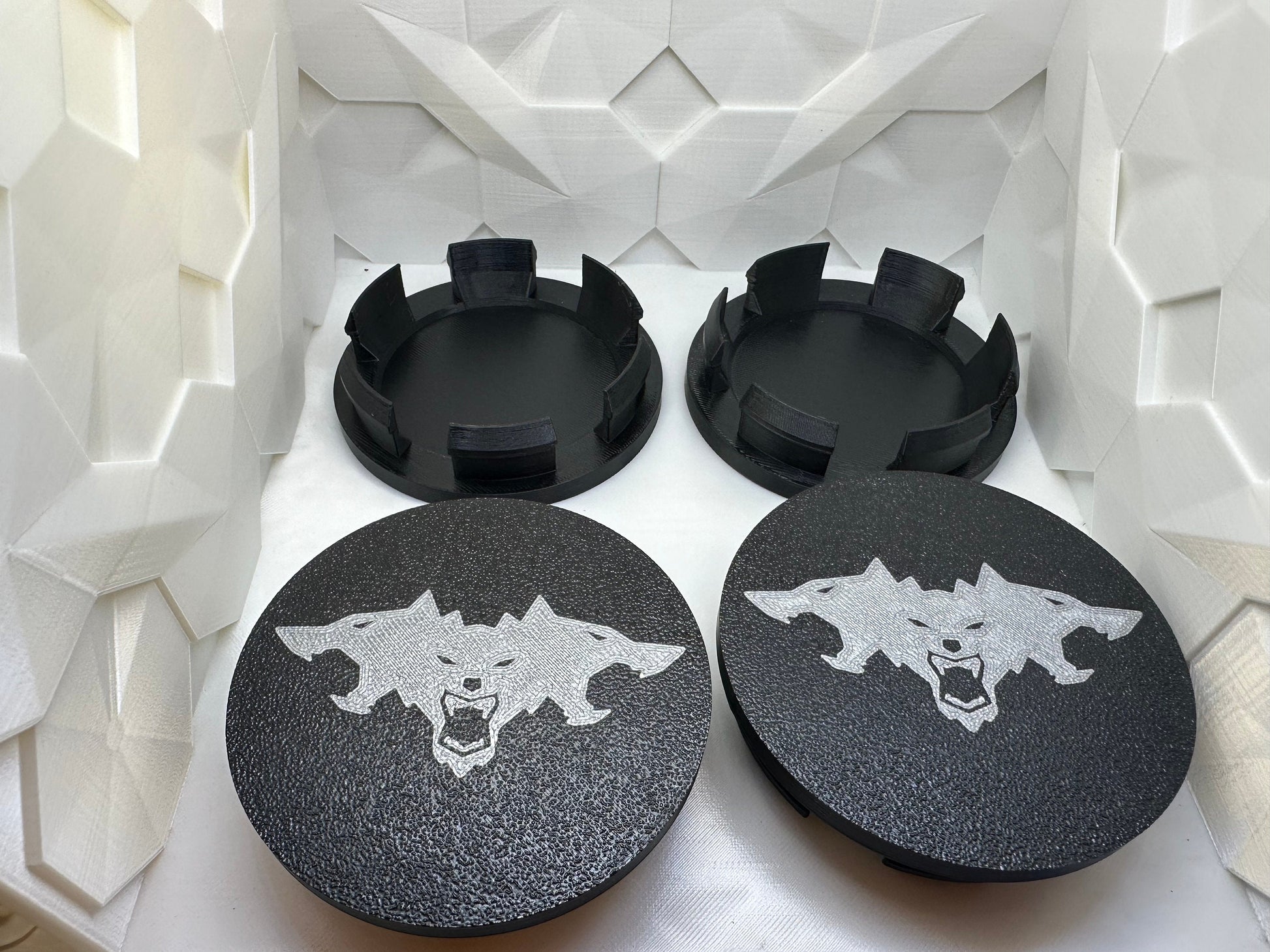 CyberTruck wheel center caps Left & Right side. Logo facing forward on both sides. Lug Nut Caps Optional Foundation Series